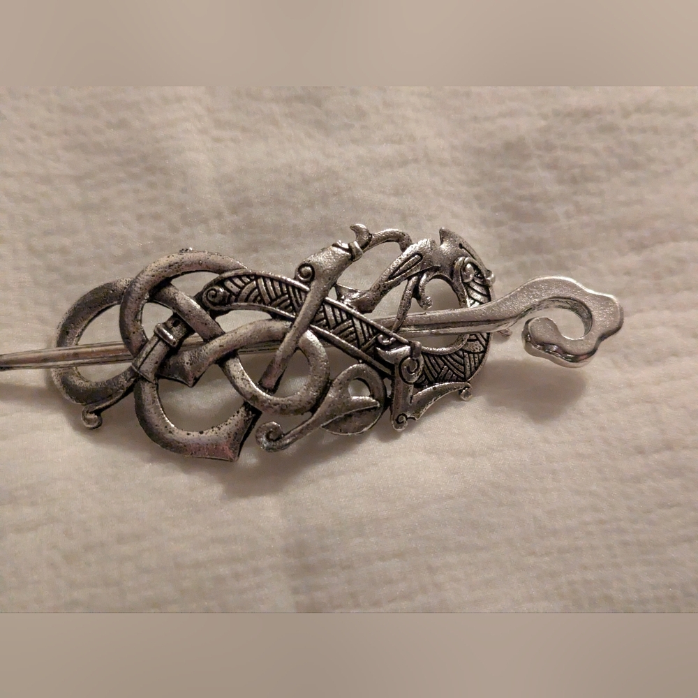 Dragon Hair Pin Silver Knot Work Celtic Viking Style Silver Tone NIP